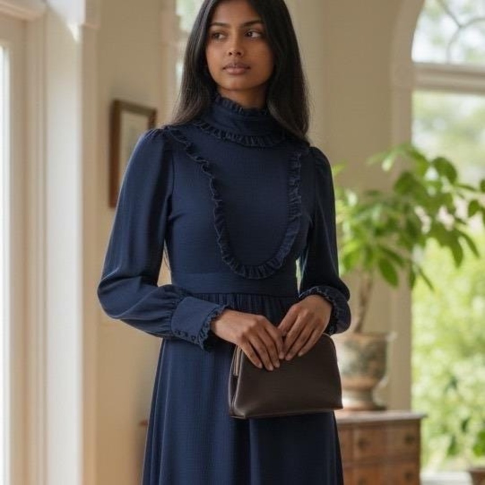 Vintage 70s Navy Blue Ruffle High Neck Maxi Dress Prairie Victorian Size XS - Picture 8 of 8